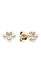 Sleek V-Shape Earrings, 18k Yellow Gold with Akoya Pearls & Diamonds